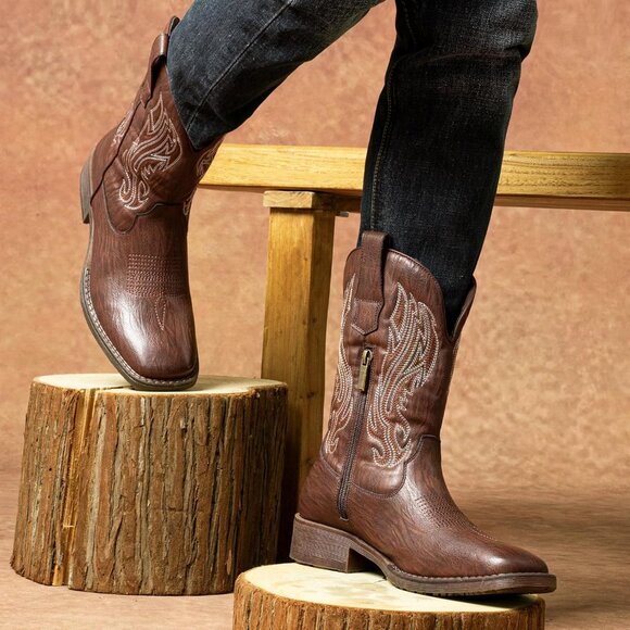 Jousen Mens Amy8420-darkbrown Embroidery Retro Square Toe Chunky Heeled Boots - Picture 8 of 8